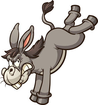 Angry cartoon donkey throwing a back kick  clip art. Vector illustration with simple gradients. All in a single layer. 