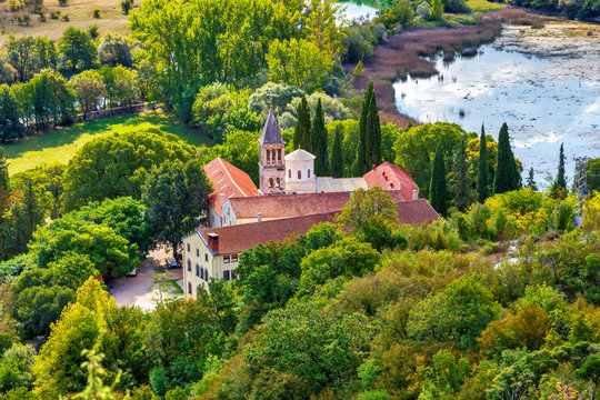 Krka monastery. 14th century Serbian Orthodox Church monastery dedicated to the St. Archangel Michael. Endowment of princess Jelena Nemanjic Subic. Located in Krka National Park, Croatia. Image