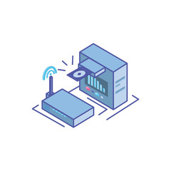 server equipment with wireless router on white background