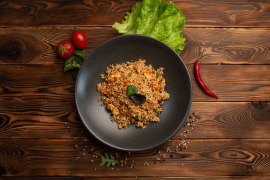 ebi chahan fried japanese rice with vegetables, shrimp and soy sauce