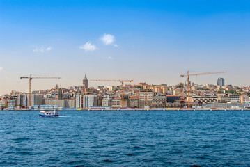 Istanbul, Turkey, 29 June 2019: Karakoy Galata Port, Galata Tower and city ​​lines ships.