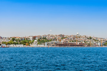 Fototapeta premium Istanbul, Turkey, 29 June 2019: Karakoy Galata Port and Nusretiye Mosque.