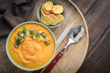 Pumpkin soup with seeds and  croutons