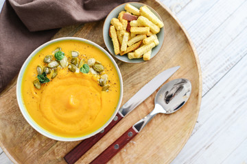 Pumpkin soup with seeds and  croutons