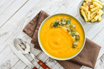 Pumpkin soup with seeds and  croutons