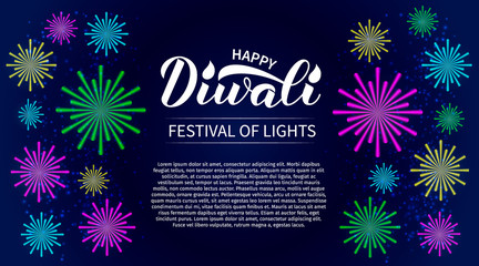Happy Diwali calligraphy hand lettering and fireworks. Traditional Indian festival of lights banner. Easy to edit vector template for poster, flyer, sticker, postcard, greeting card.