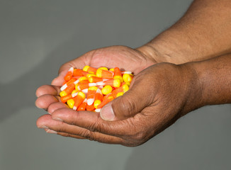 Halloween candy corn cupped in the hands of an African American man against a solid background