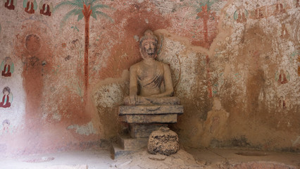 Buddhist grottoes sculpture in Bingling Temple Lanzhou Gansu, China. UNESCO World Heritage Site.