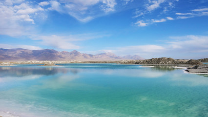 Beautiful nature landscape view of Emerald Salt Lake in Qinghai China