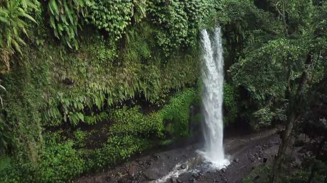 Tropical Jungle and Picturesque Waterfall With Fresh Water Tilt Down Aerial.