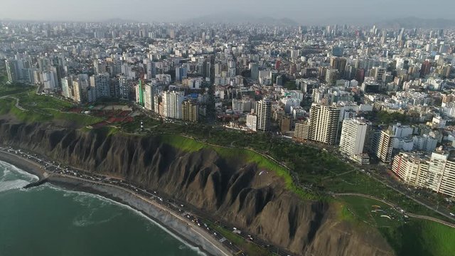 APROACHING Aerial view of Miraflores district in Lima, Peru