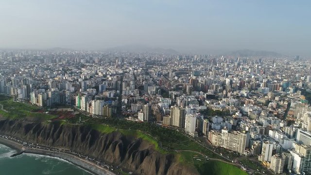 APPROACHING Aerial view of Miraflores district in Lima, Peru