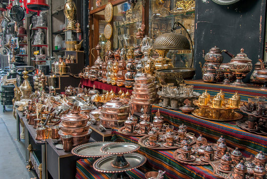 Istanbul, Turkey, 29 June 2019: Coppersmith Shop, Eminonu, Fatih.