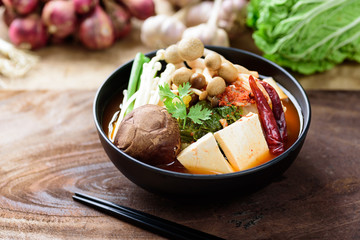Kimchi soup with mushroom, tofu and vegetables, Delicious Korean food