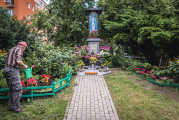Man watering flowers around small shrine in Warsaw city, Poland - obrazy, fototapety, plakaty