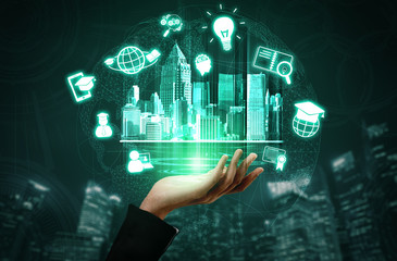 E-learning and Online Education for Student and University Concept. Graphic interface showing...