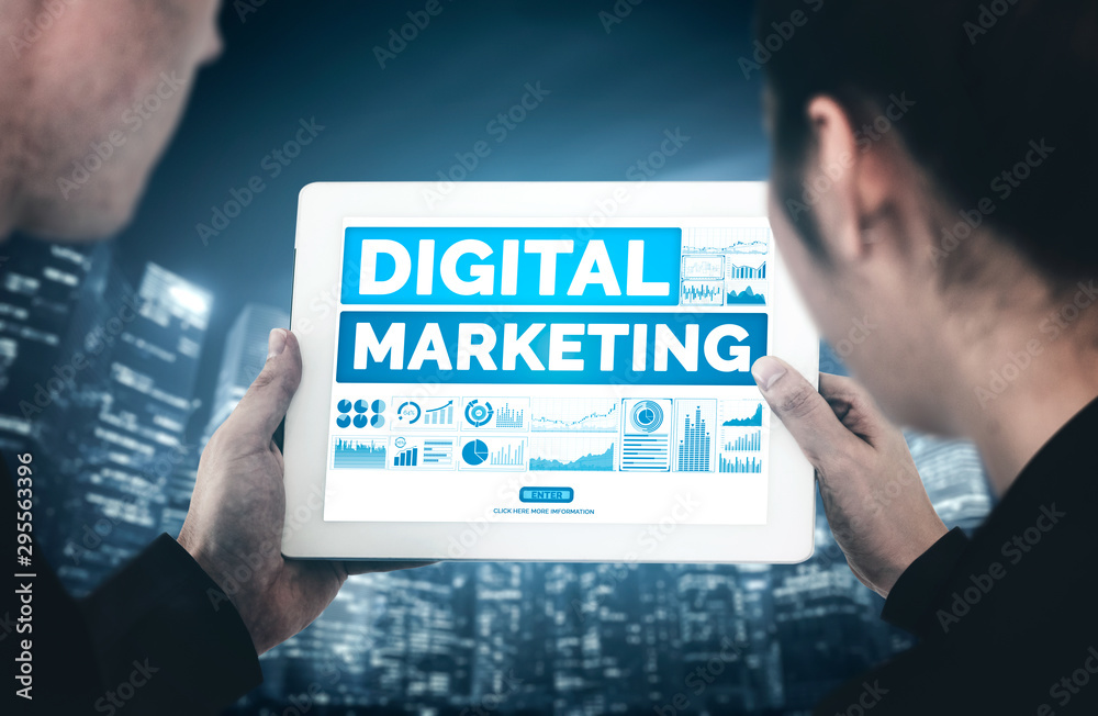 Poster digital marketing technology solution for online business concept - graphic interface showing analyt
