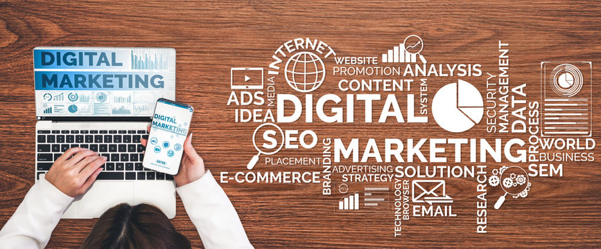 Digital Marketing Technology Solution for Online Business Concept - Graphic interface showing analytic diagram of online market promotion strategy on digital advertising platform via social media.