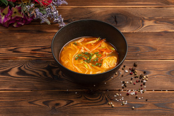 spicy chicken soup with vegetables and tamagoyaki