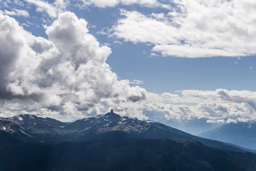 Fototapeta na wymiar blackcomb mountain peak panorama view cloudy sky summer time.