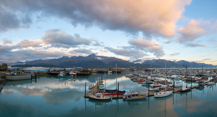 Seward Boat Harbor and waterfront in fall, Seward, Kenai Peninsula, Alaska, AK, USA. Seward is a city near Kenai Fjords National Park.