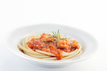 Studio macro Spaghetti bolognese on a white plate