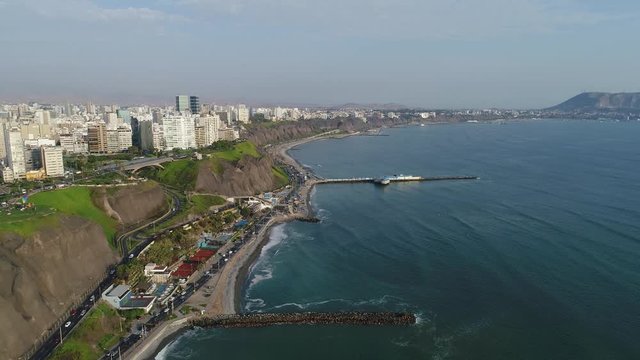 LEFT PANNING Aerial view of Miraflores district in Lima, Peru