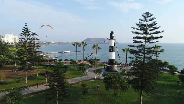CRANE UP Aerial view of PIER IN Miraflores district in Lima, Peru