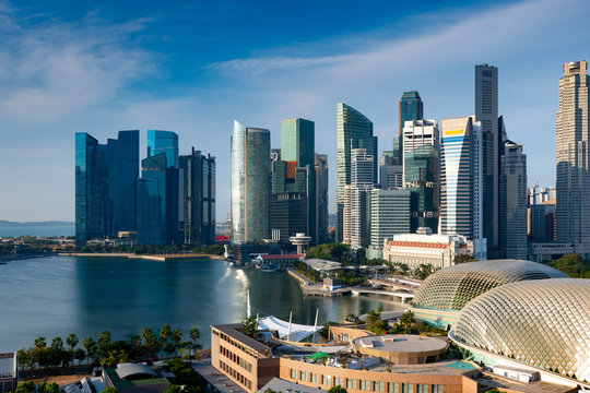 Singapore Business Office Building District In Day Light Blue Sky.