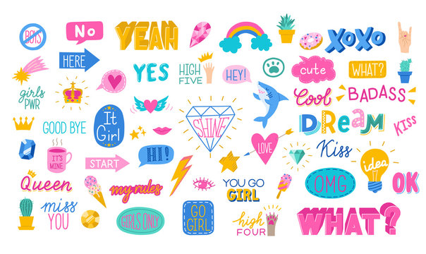 Awesome sticker collection in trendy hand drawn style. Vector eps10.