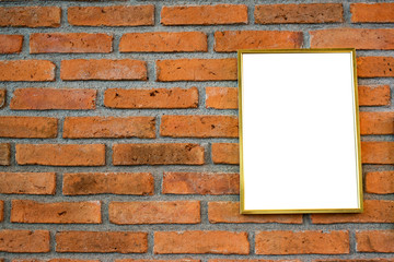 White poster or a white picture frame hanging on the brick wall background