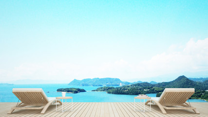 Beach lounge with sea view in hotel or resort on summer season - Living area and island view for holiday or vacation artwork - 3D Rendering