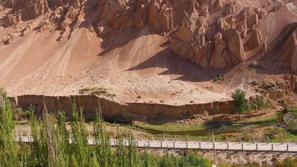 Landscape view of The Bezeklik Thousand Buddha Caves in Turpan Xinjiang Province China.