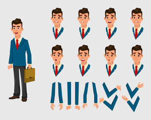 Businessman character for animation. different face emotions and hands for design, motion or animation.