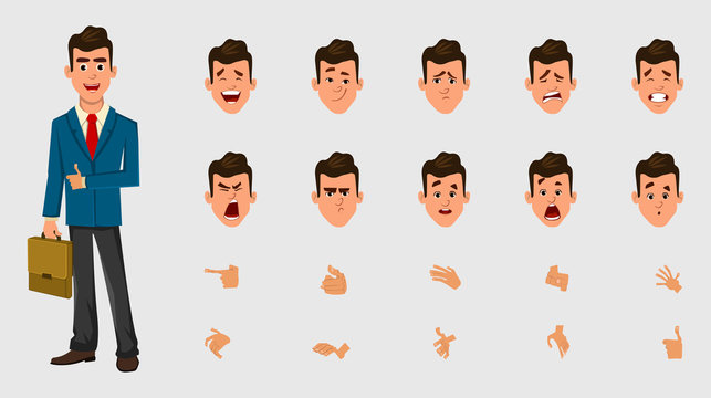 Businessman character with different facial expression or emotions and hands for design, motion or animation.