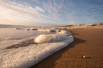 Seafoam Waves on the Beach with Blue Sky and Whispy Clouds on a Summer Morning
