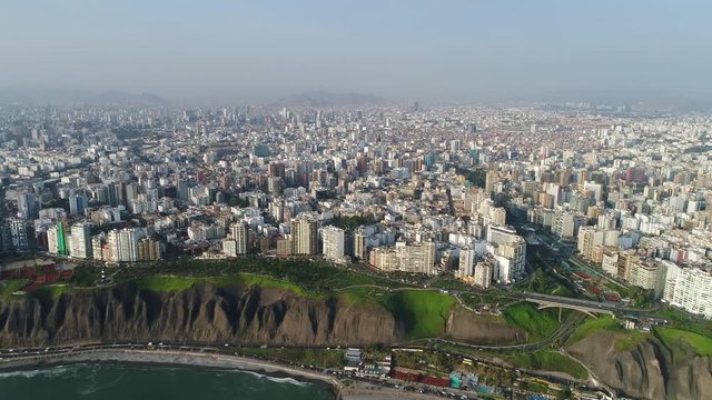RIGHT TRAVELLING Aerial view of Miraflores district in Lima, Peru