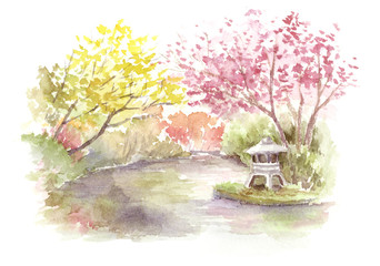 日本庭園　和風庭園　灯籠　水彩画