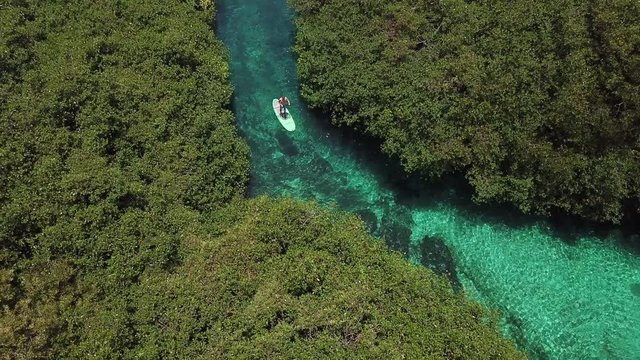 Aerial of Male on Paddle Board in Wonderful Casa Cenote Crystal Clear Water, Tulum Mexico