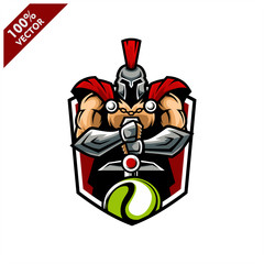 Vector sport logo, Spartan illustration and tennis on shield background. Logo for sport club or team. Vector illustration
