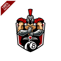 Vector sport logo, Spartan illustration and billiard ball 8 on shield background. Logo for sport club or team. Vector illustration
