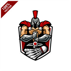 Vector sport logo, Spartan illustration and badminton on shield background. Logo for sport club or team. Vector illustration