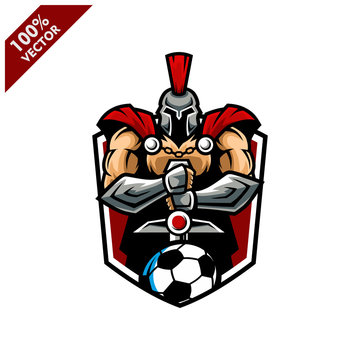Vector sport logo, Spartan illustration and soccer football on shield background. Logo for sport club or team. Vector illustration