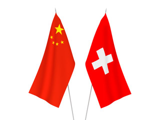 Obraz premium National fabric flags of China and Switzerland isolated on white background. 3d rendering illustration.