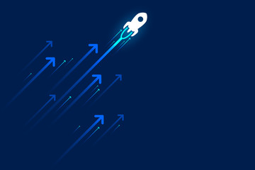 Up rocket and arrows on blue background illustration, copy space composition, business growth concept.
