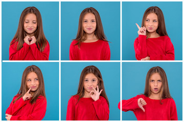 Various emotional portraits of young girl wearing  red shirts  on blue background in studio.