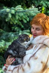 Shot of a thoroughbred fluffy cat lying on the shoulder of a housewife wearing  light fur coat.