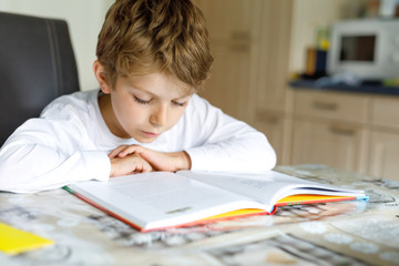 Little blonde school kid boy reading a book at home - obrazy, fototapety, plakaty