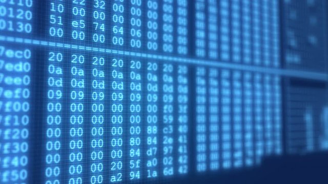 Video animation of a monitor screen with a cryptominer hex dump message - Abstract background