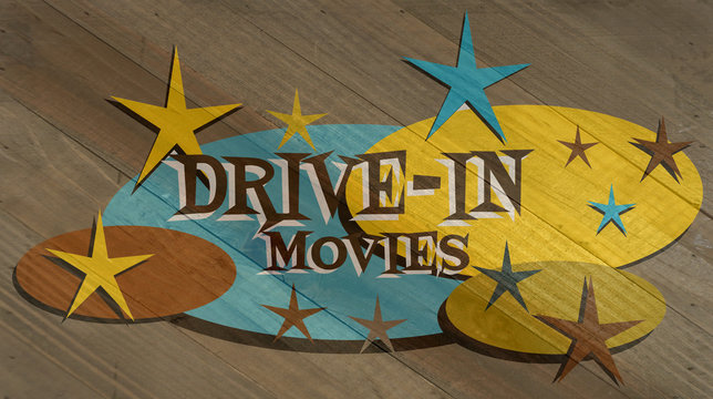 drive in movies design on wood grain texture